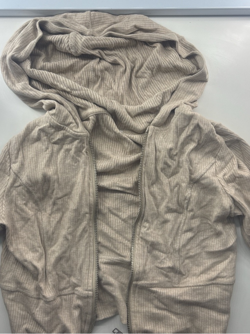 Beige Ribbed Zip Hoodie